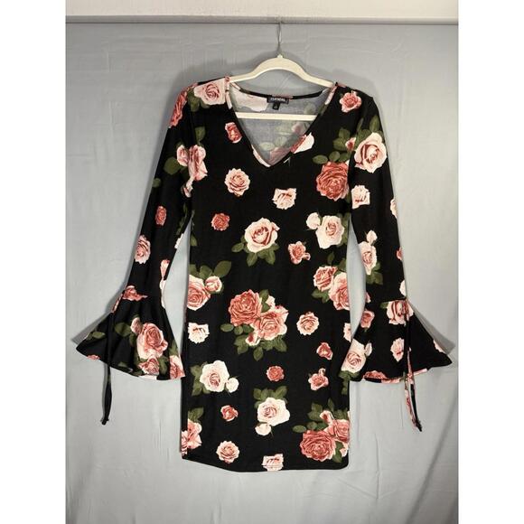 Black Floral Mini Dress Bell Sleeves sz L Juniors Pink Roses Romantic Retro - Picture 9 of 10